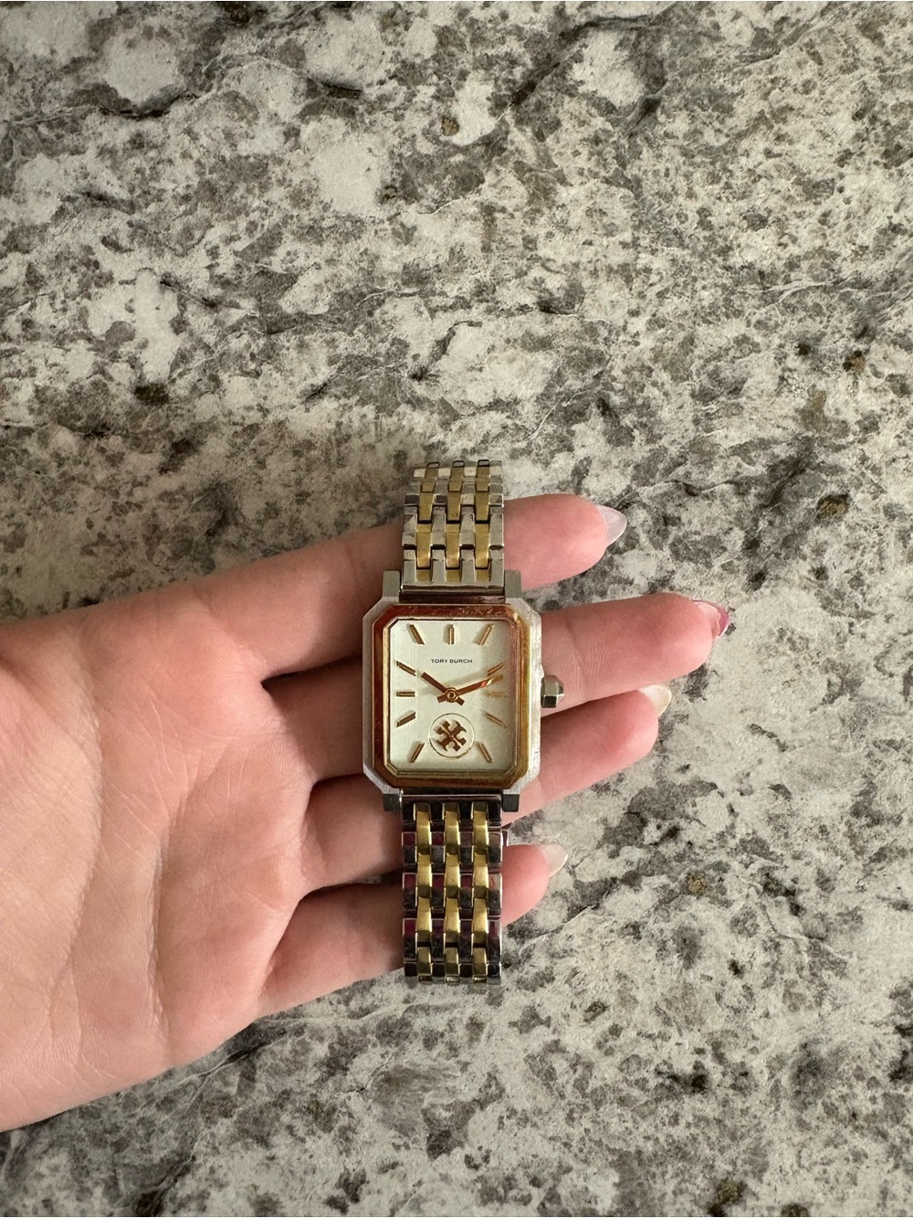 Tory Burch Two-Tone Gold and Silver Rectangular Bracelet Watch